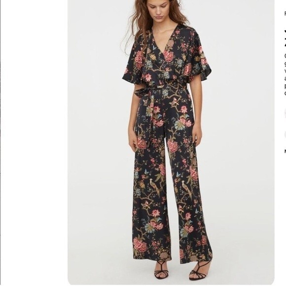 H&M Jumpsuit Black Botanical Floral Bird Chinoiserie Flutter Sleeve 0 - Picture 1 of 5